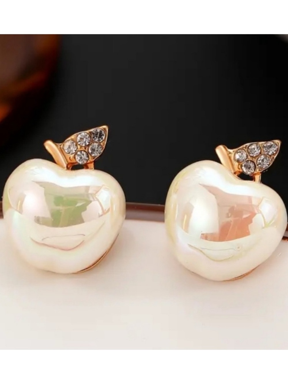 Pearlescent Gold and Cream Apple Earrings with Crystal Leaf